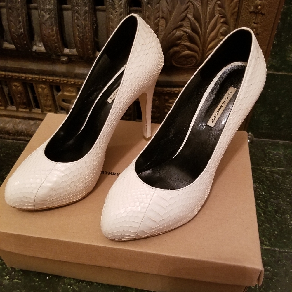 Kathryn Amberleigh White Snakeskin Pumps
